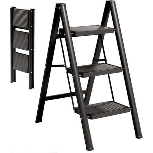 Diggly 脚立 3段 軽量 室内 - 脚立 おしゃれ 折畳み ステップ 折りたたみ コンパクト 梯子 (ブラック) [並行輸入品]